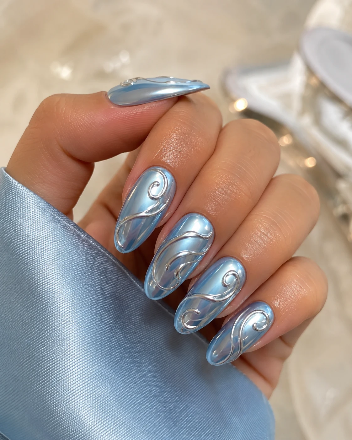 Classic Silver Swirls Baby Blue Chrome Nails with Design — baby blue chrome nails with design style outfit
