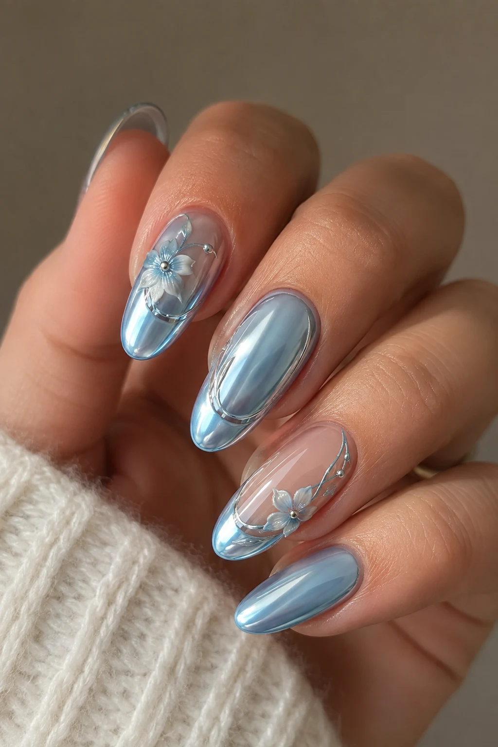 Floral Baby Blue Chrome Nails with Design — baby blue chrome nails with design style outfit