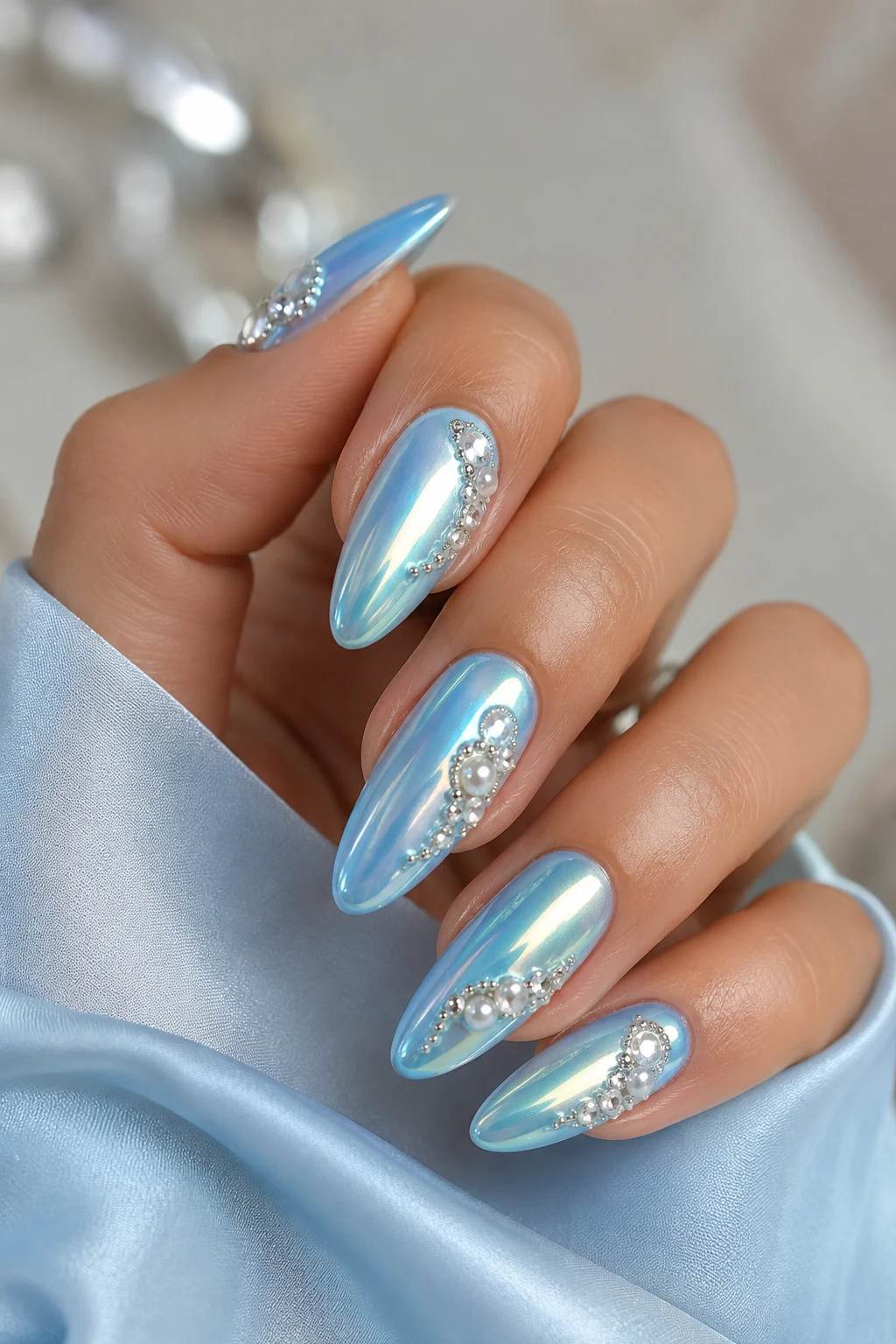 Pearl and Crystal Baby Blue Chrome Nails with Design — baby blue chrome nails with design style outfit