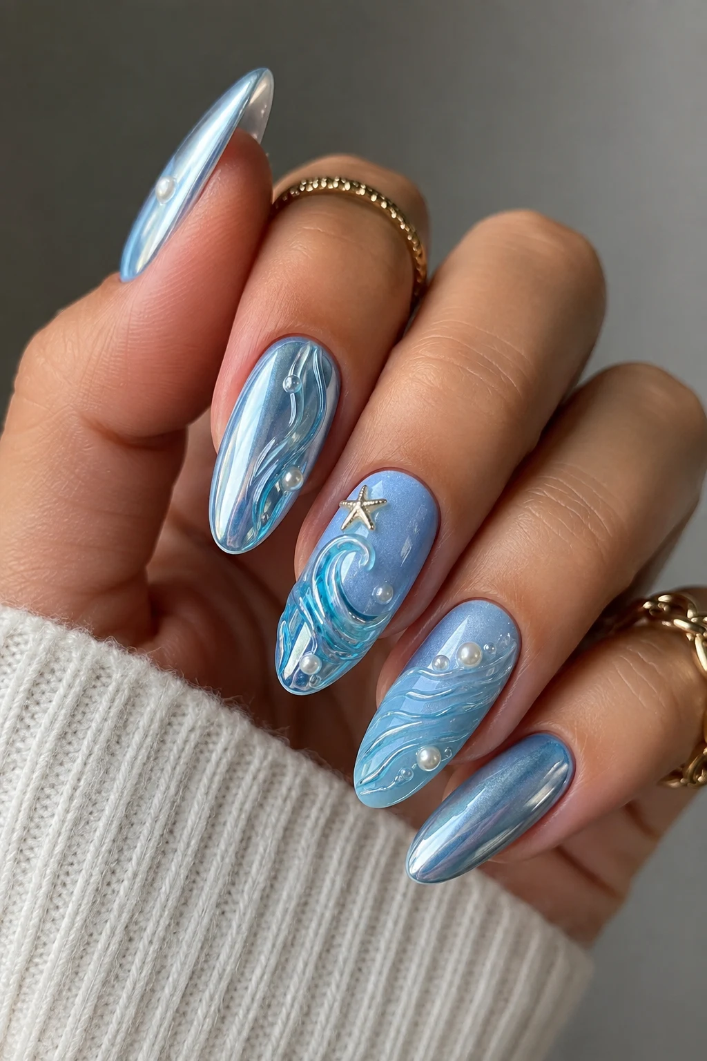Ocean Wave Baby Blue Chrome Nails with Design — baby blue chrome nails with design style outfit