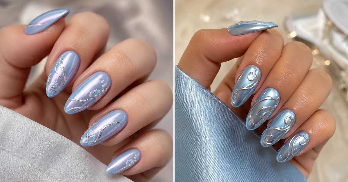 Baby blue chrome nails with design are glossy baby blue chrome nails with design