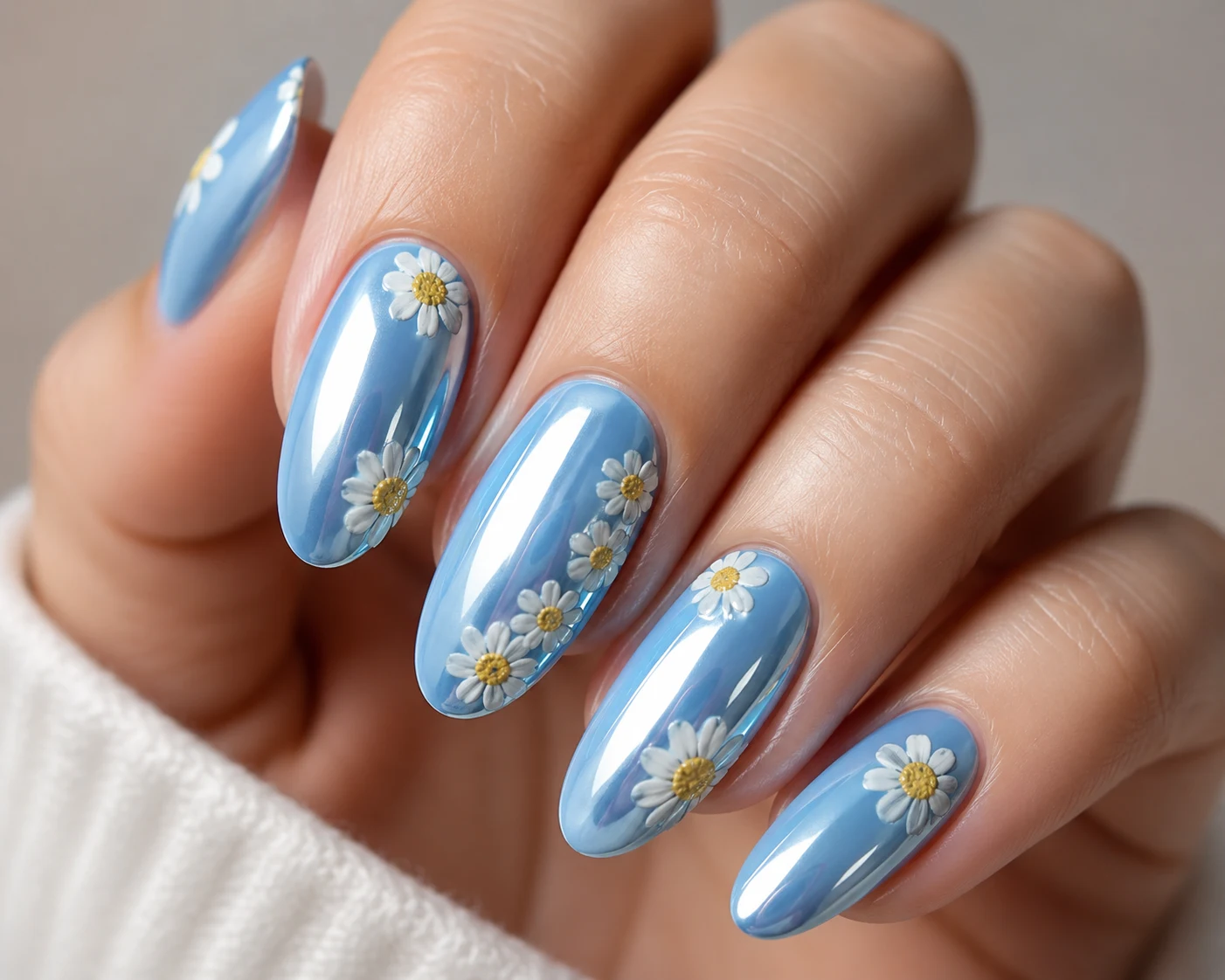 Daisy Dream Baby Blue Chrome — baby blue chrome nails with flowers style outfit