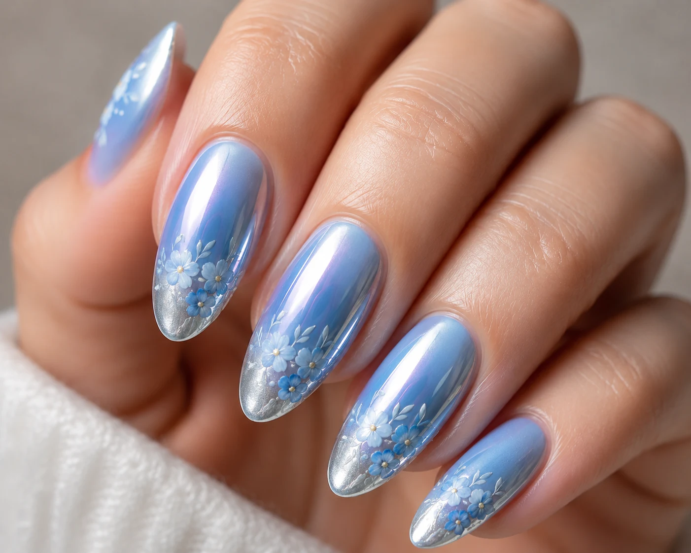 Blue Chrome Ombre Blossoms — baby blue chrome nails with flowers style outfit