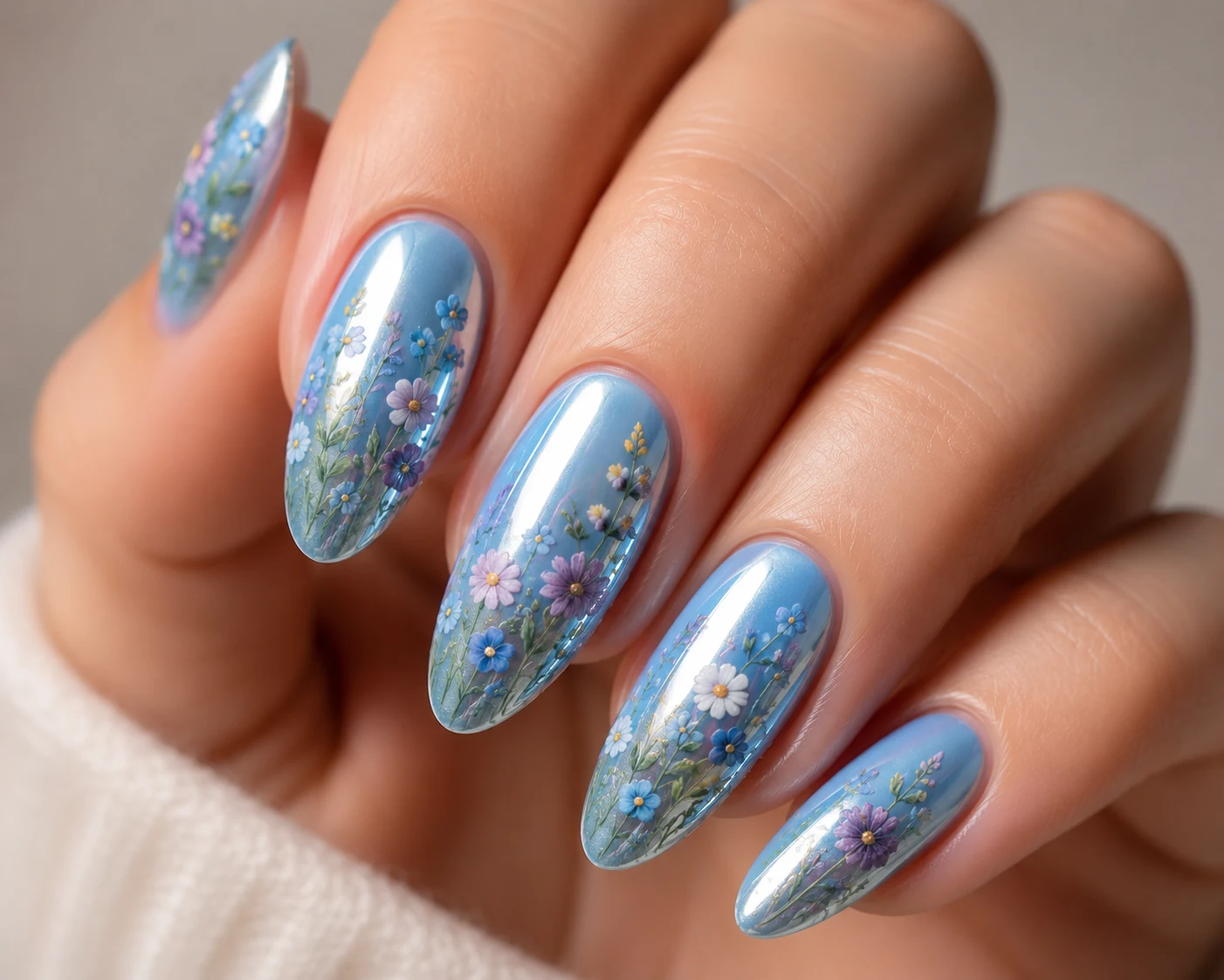 Tiny Wildflower Chrome Garden — baby blue chrome nails with flowers style outfit