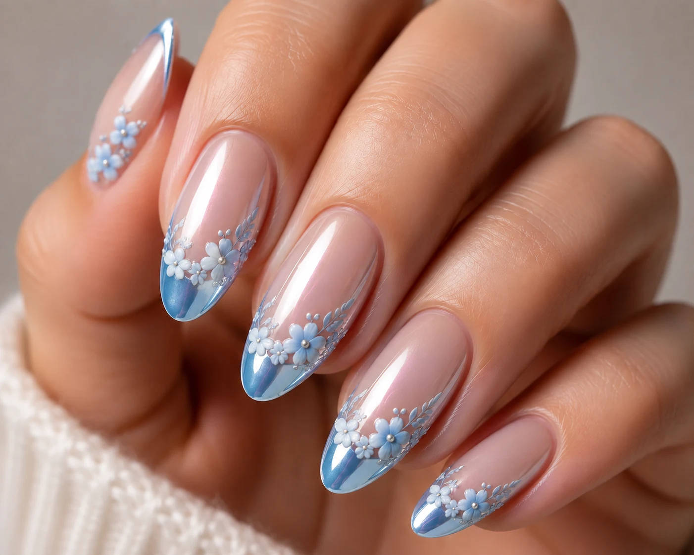 French Tips with Baby Blue Chrome Flowers — baby blue chrome nails with flowers style outfit