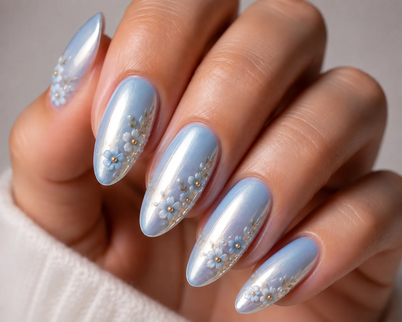 Pearl Chrome Floral Elegance — baby blue chrome nails with flowers style outfit