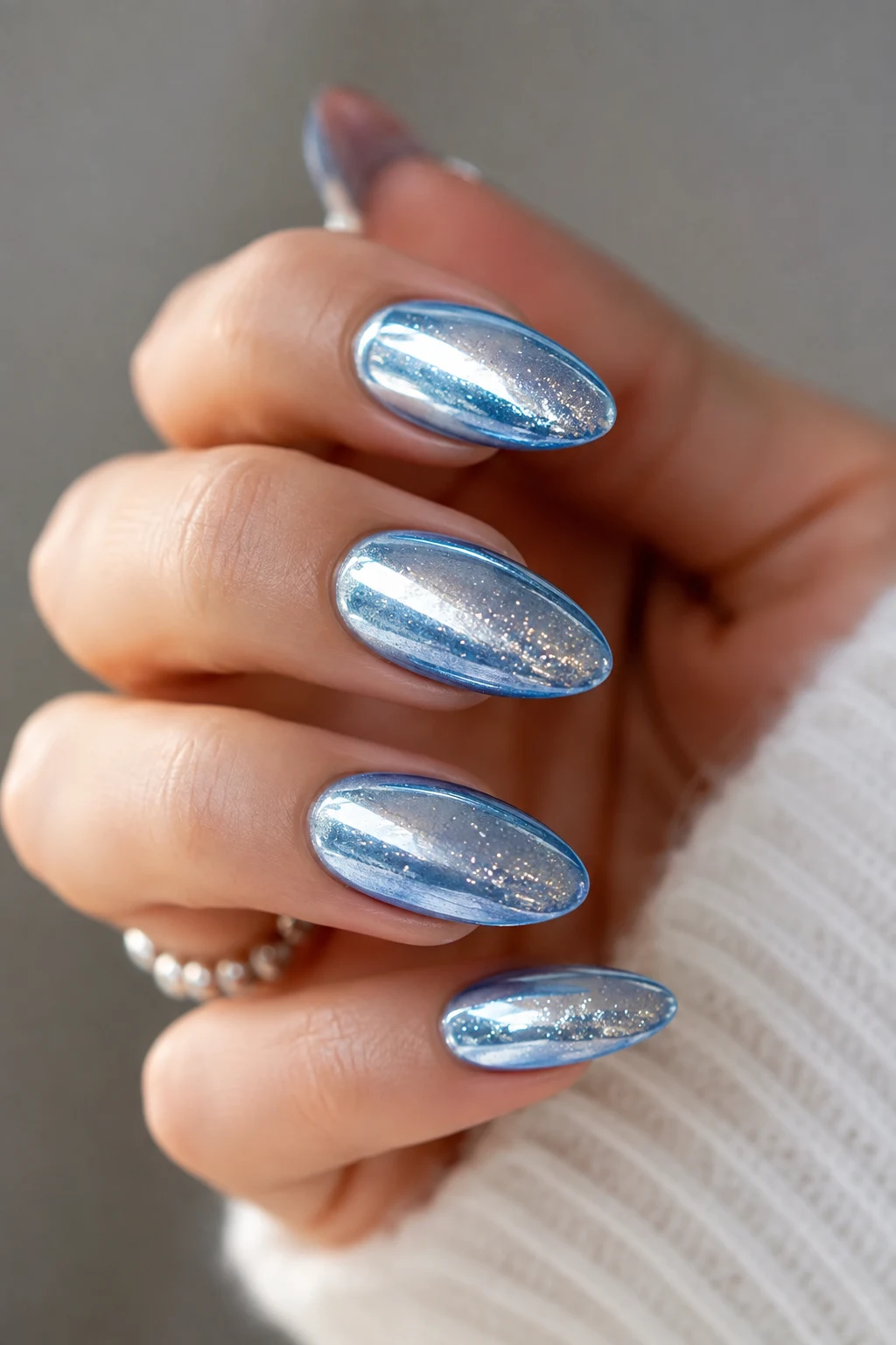 Classic Mirror Baby Blue Chrome — baby blue chrome nails with glitter style outfit