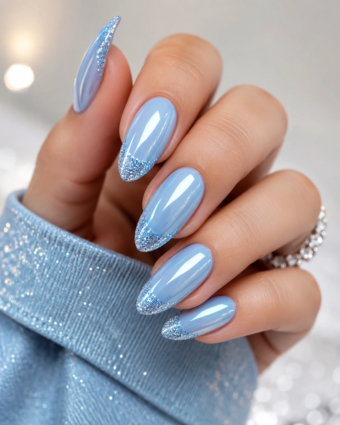 Baby Blue Chrome Nails With Glitter French Tips — baby blue chrome nails with glitter style outfit
