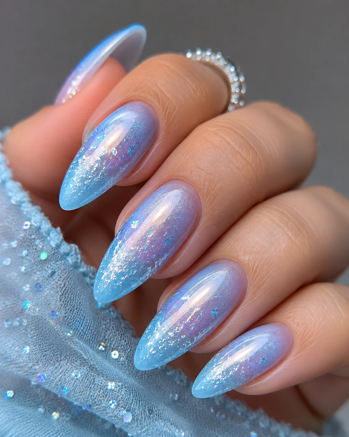Frozen Ombre Baby Blue Chrome Nails With Glitter — baby blue chrome nails with glitter style outfit