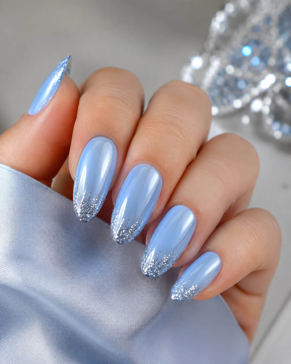 Blue Nails With Silver Glitter Tips — baby blue chrome nails with glitter style outfit
