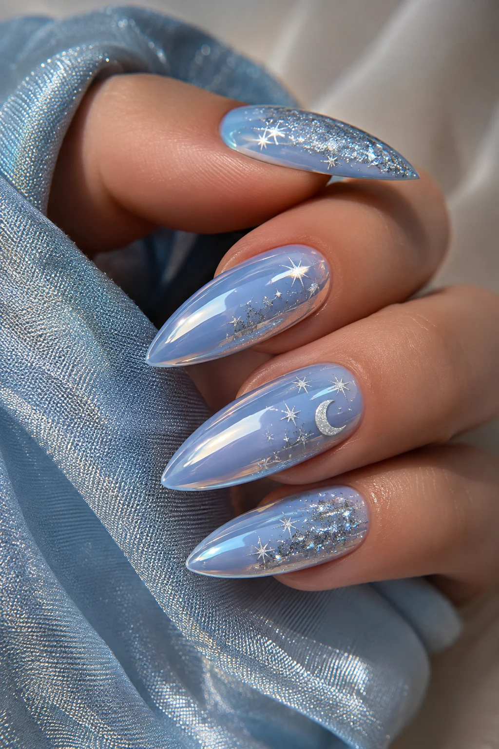 Celestial Baby Blue Chrome Nails With Glitter — baby blue chrome nails with glitter style outfit