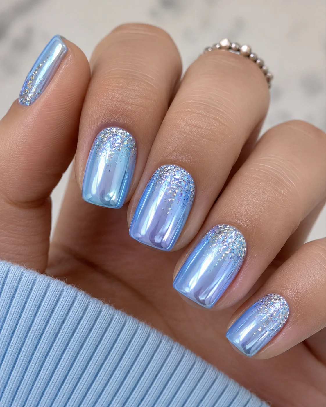 Short Baby Blue Nails With Chrome and Glitter — baby blue chrome nails with glitter style outfit