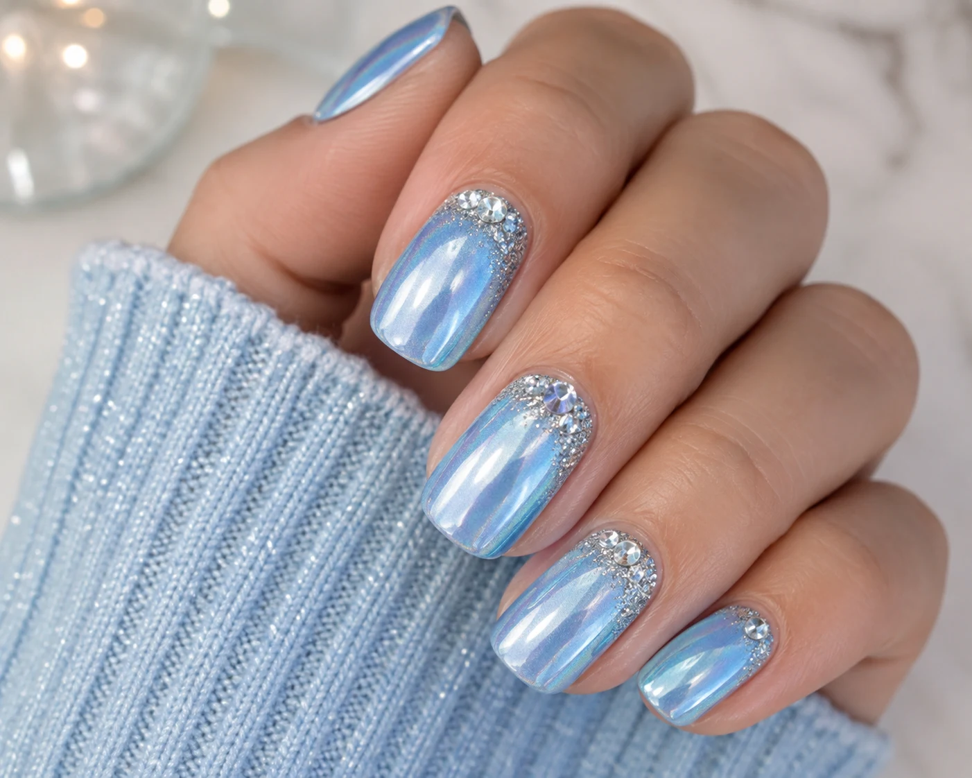 Diamond Accent Baby Blue Chrome Nails With Glitter — baby blue chrome nails with glitter style outfit