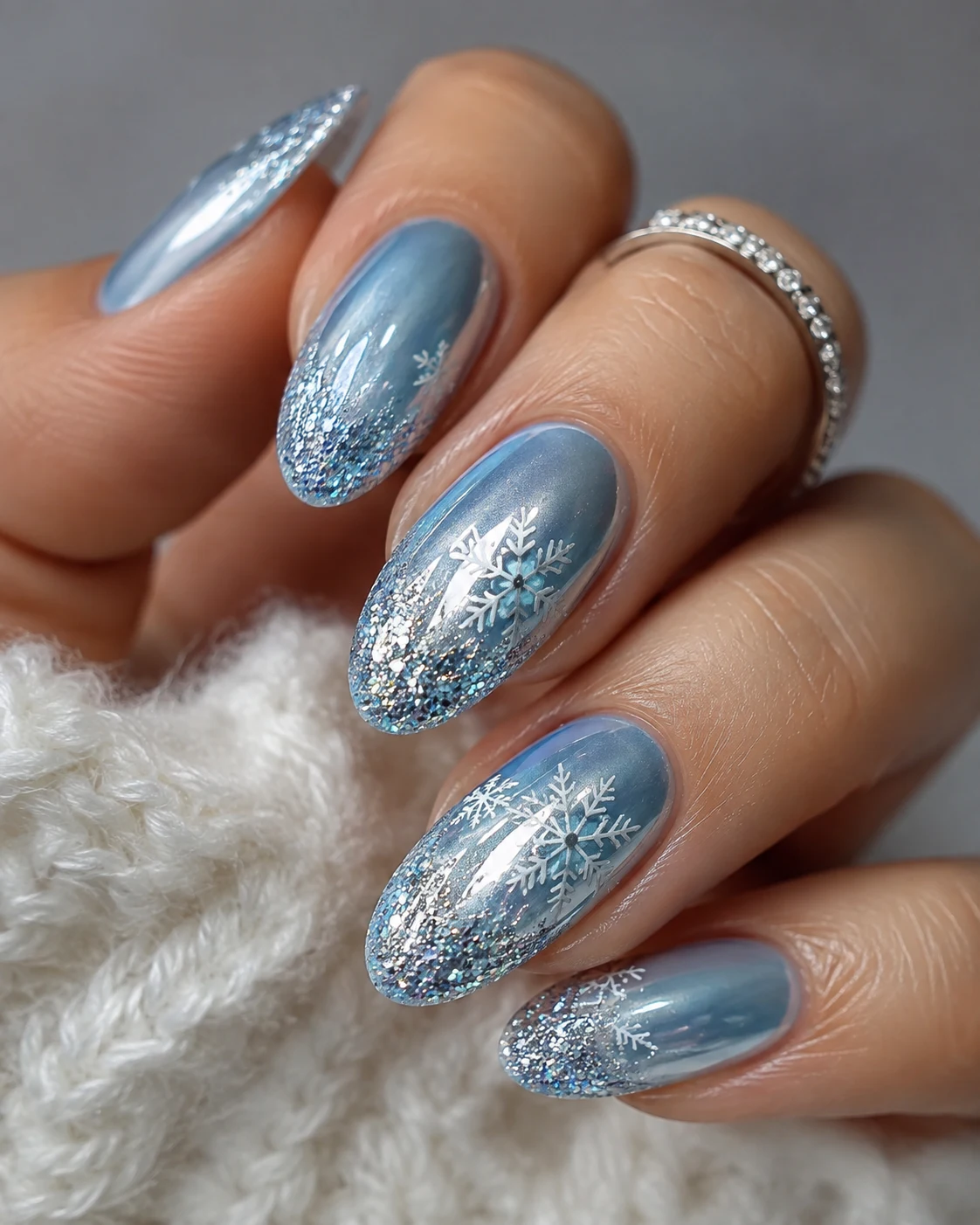 Blue Nails With Glitter Tips and Snowflake Details — baby blue chrome nails with glitter style outfit