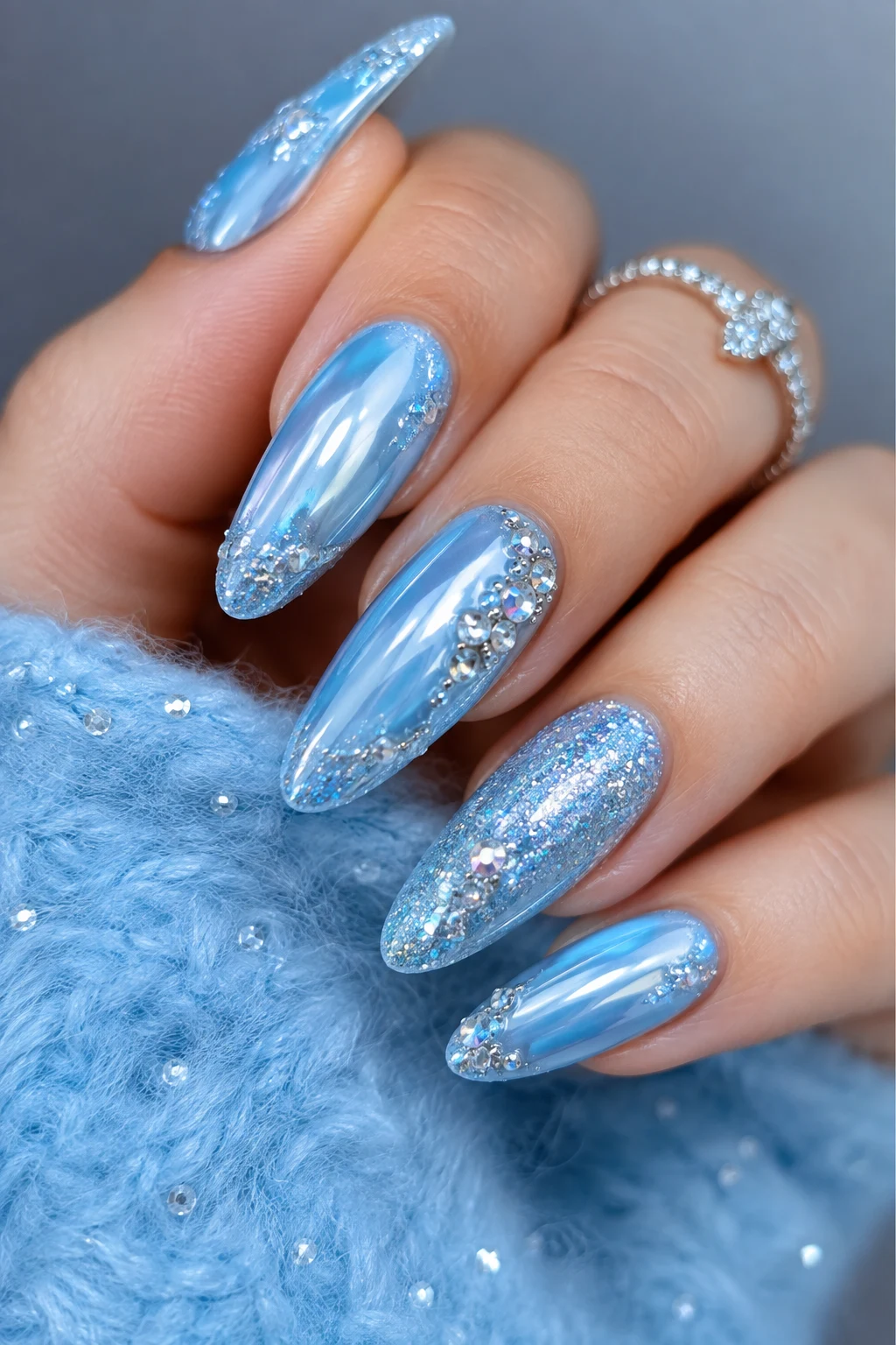 Full Glam Baby Blue Chrome Nails With Glitter — baby blue chrome nails with glitter style outfit