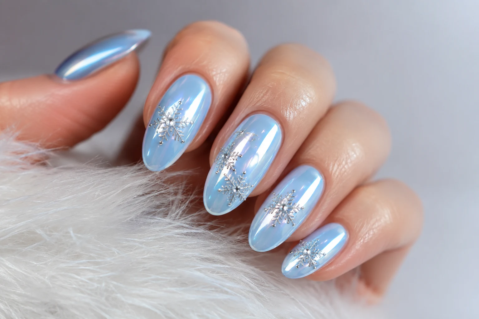 Classic Ice Princess Baby Blue Chrome Nails with Snowflakes — baby blue chrome nails with snowflakes style outfit