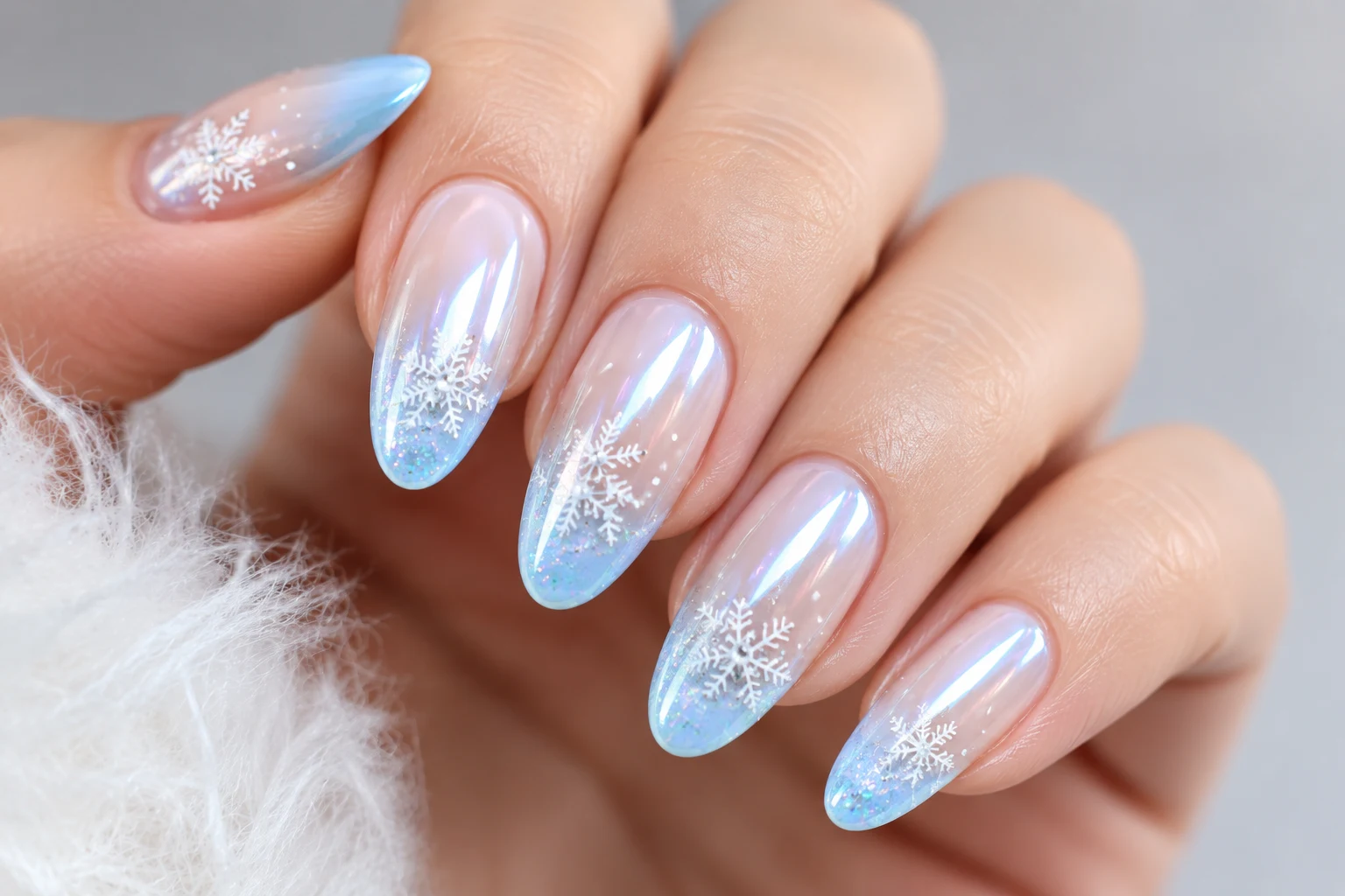 Light Blue Chrome Nails with Snowflakes and Ombre Tips — baby blue chrome nails with snowflakes style outfit