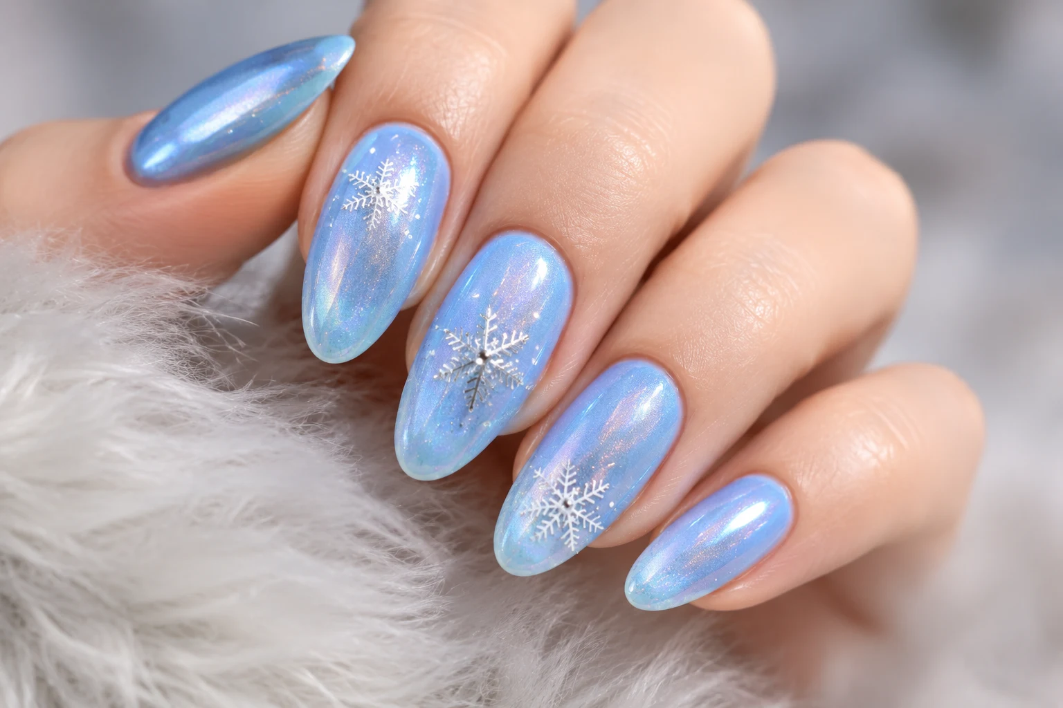 Velvet Winter Glow Baby Blue Chrome Nails with Snowflakes — baby blue chrome nails with snowflakes style outfit