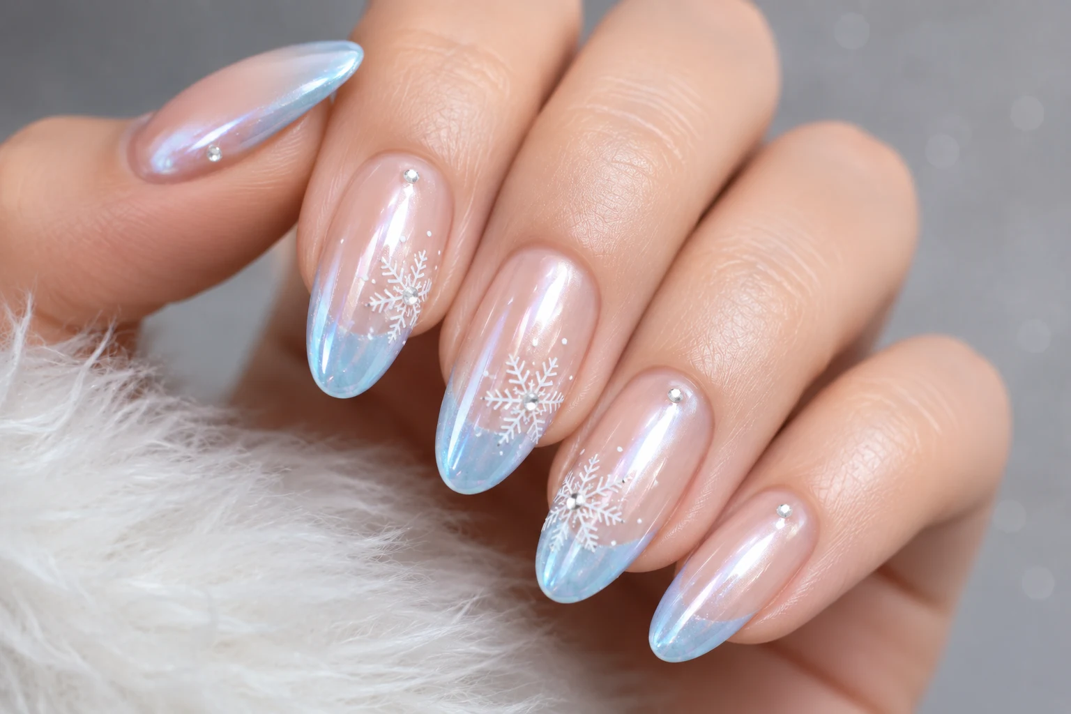 Frosted French Baby Blue Chrome Nails with Snowflakes — baby blue chrome nails with snowflakes style outfit