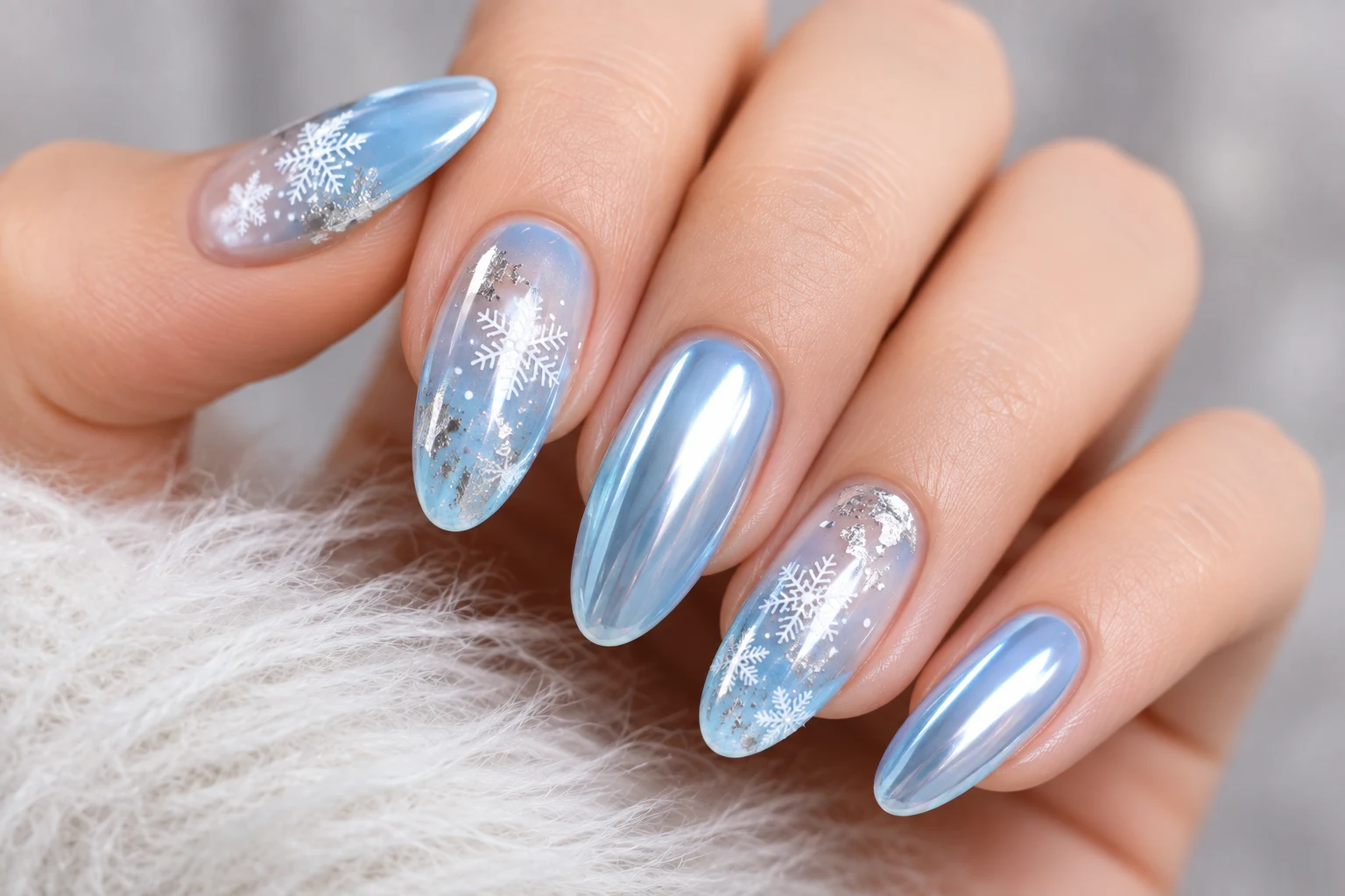 Blue Christmas Nails with Snowflakes and Silver Foil — baby blue chrome nails with snowflakes style outfit