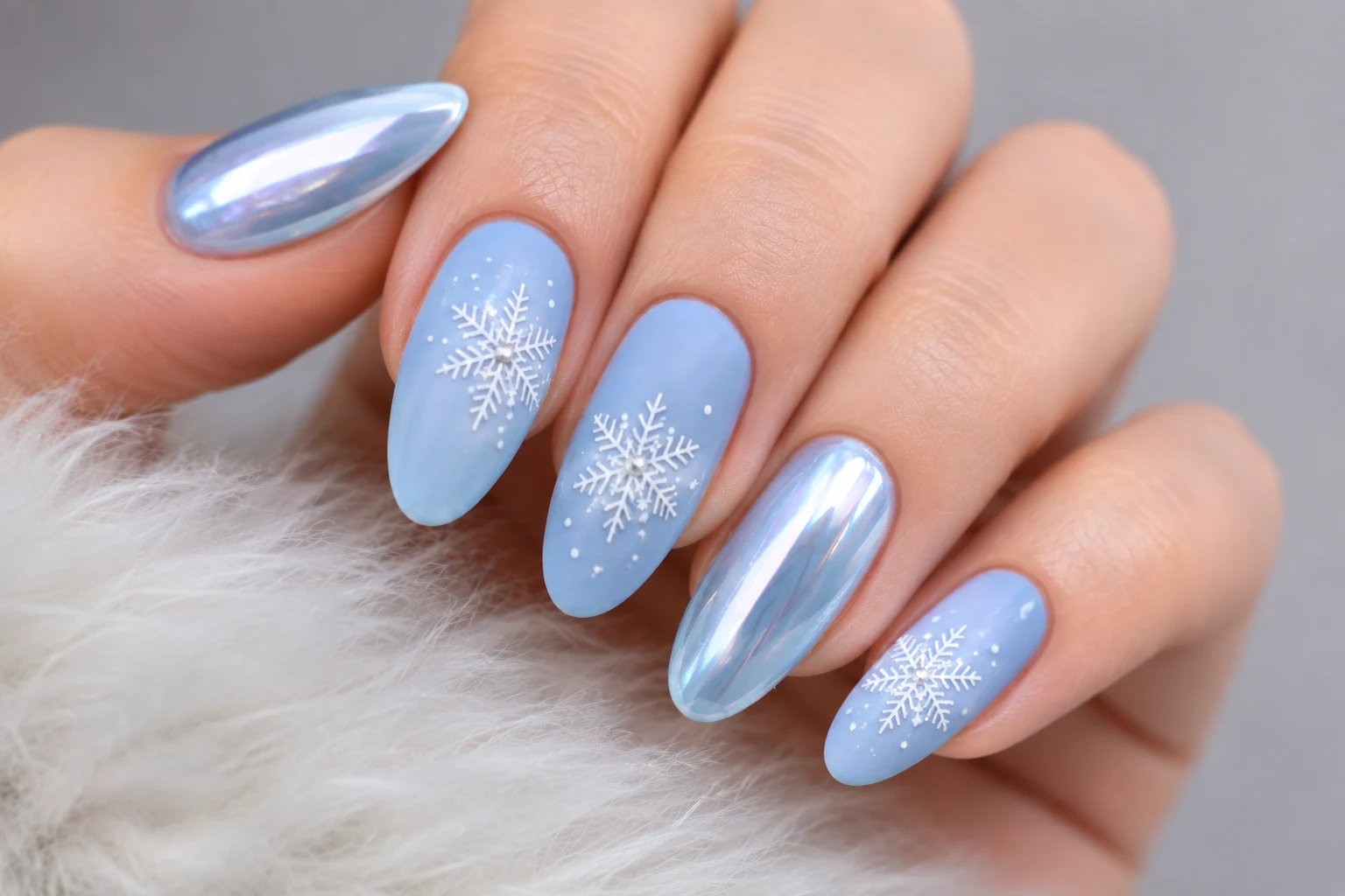 Matte and Chrome Contrast Baby Blue Chrome Nails with Snowflakes — baby blue chrome nails with snowflakes style outfit