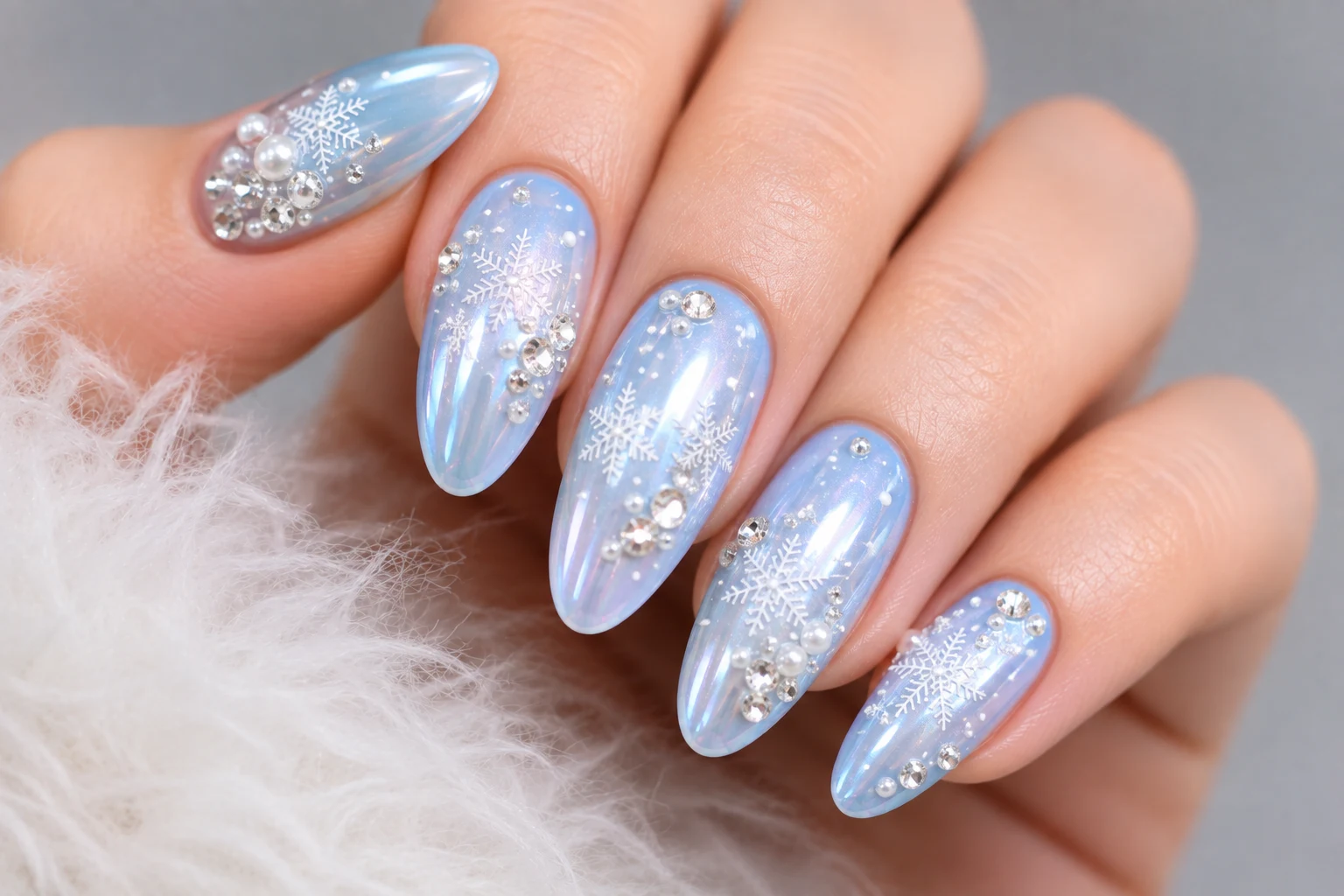 Crystal Snowfall Baby Blue Nails with Chrome — baby blue chrome nails with snowflakes style outfit