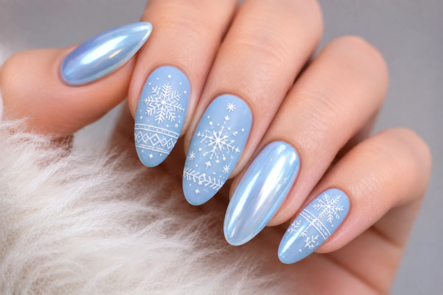 Scandinavian Snowflake Baby Blue Chrome Nails with Snowflakes — baby blue chrome nails with snowflakes style outfit