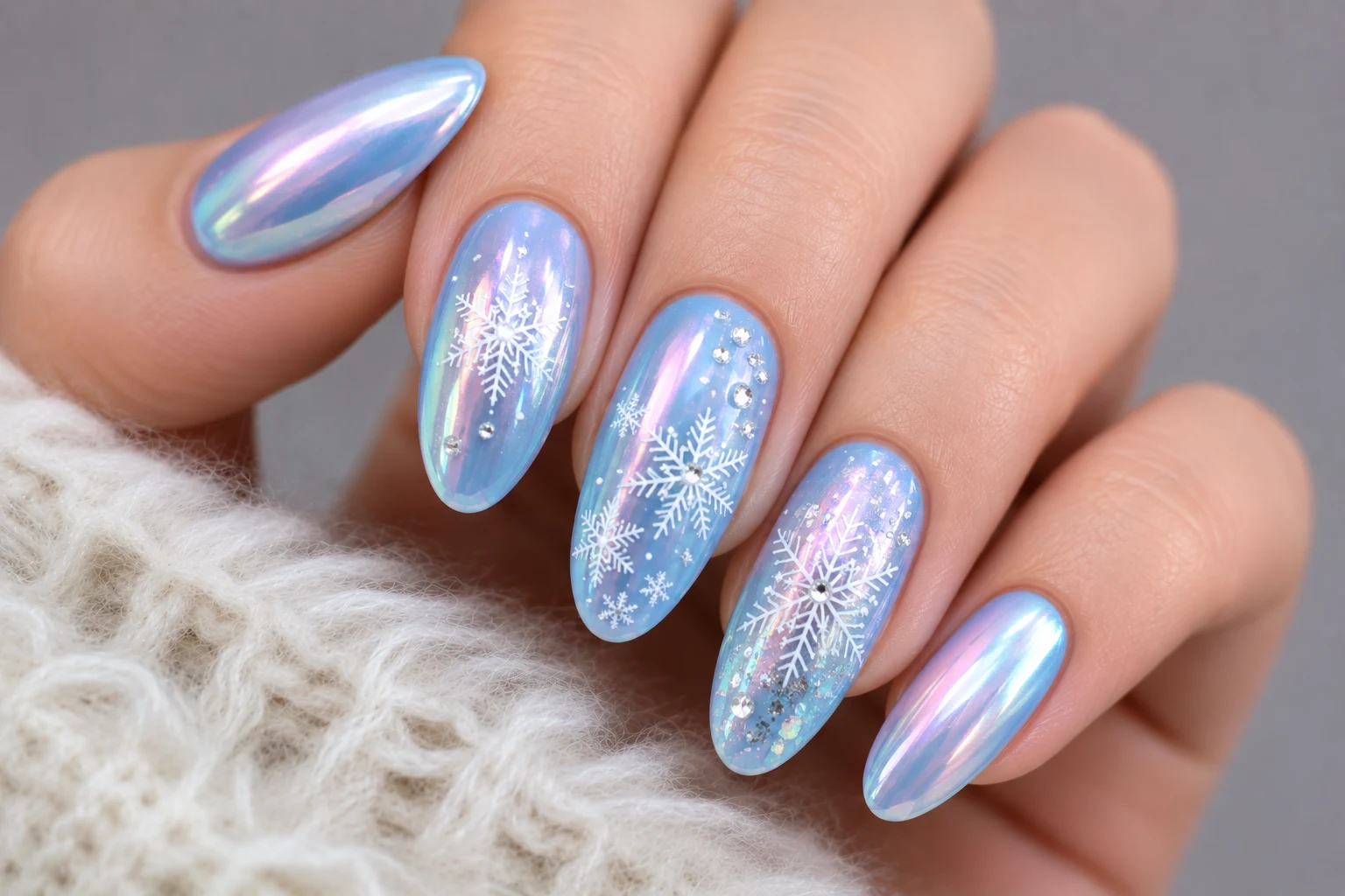 Frozen Aurora Baby Blue Chrome Nails with Snowflakes — baby blue chrome nails with snowflakes style outfit