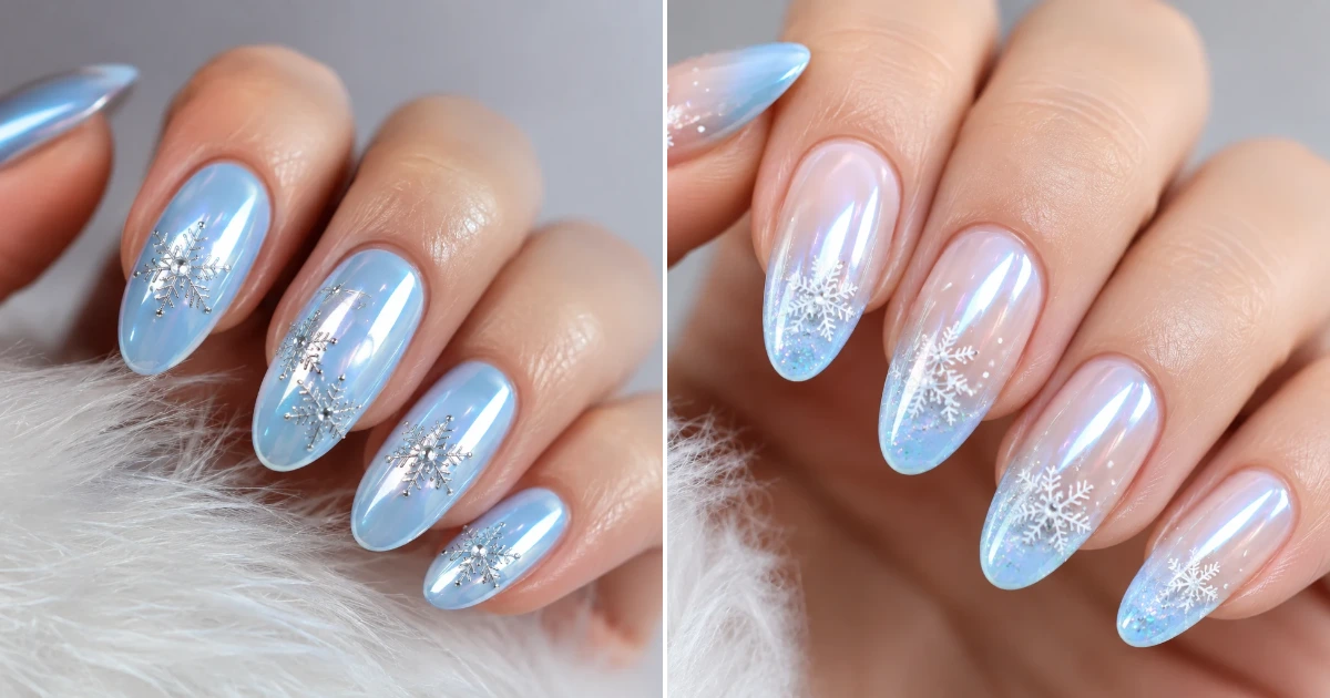 Baby Blue Chrome Nails with Snowflakes: 9 Frosty baby blue chrome nails with snowflakes