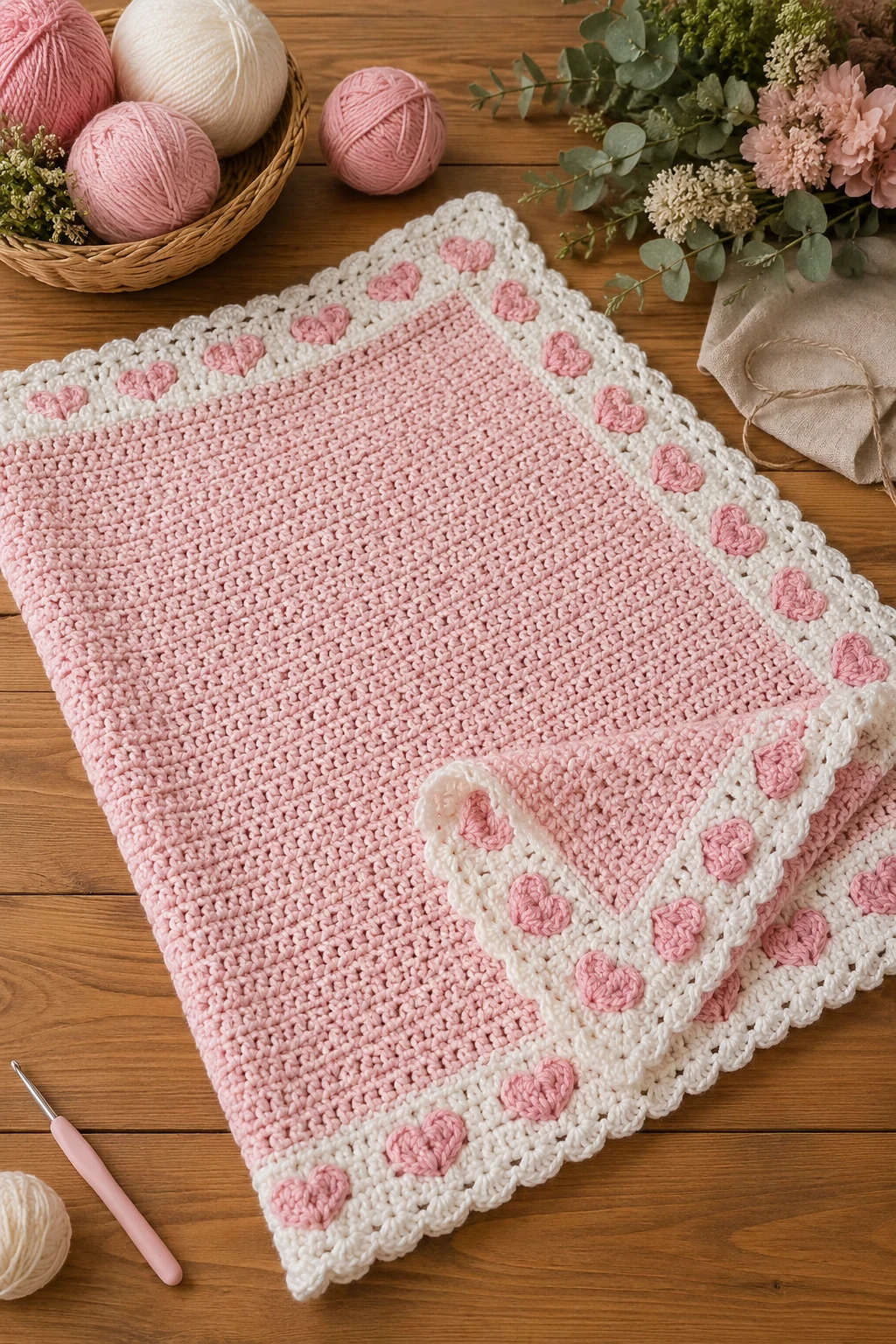 Blush Pink Heart Border Blanket — baby crochet blanket style outfit
