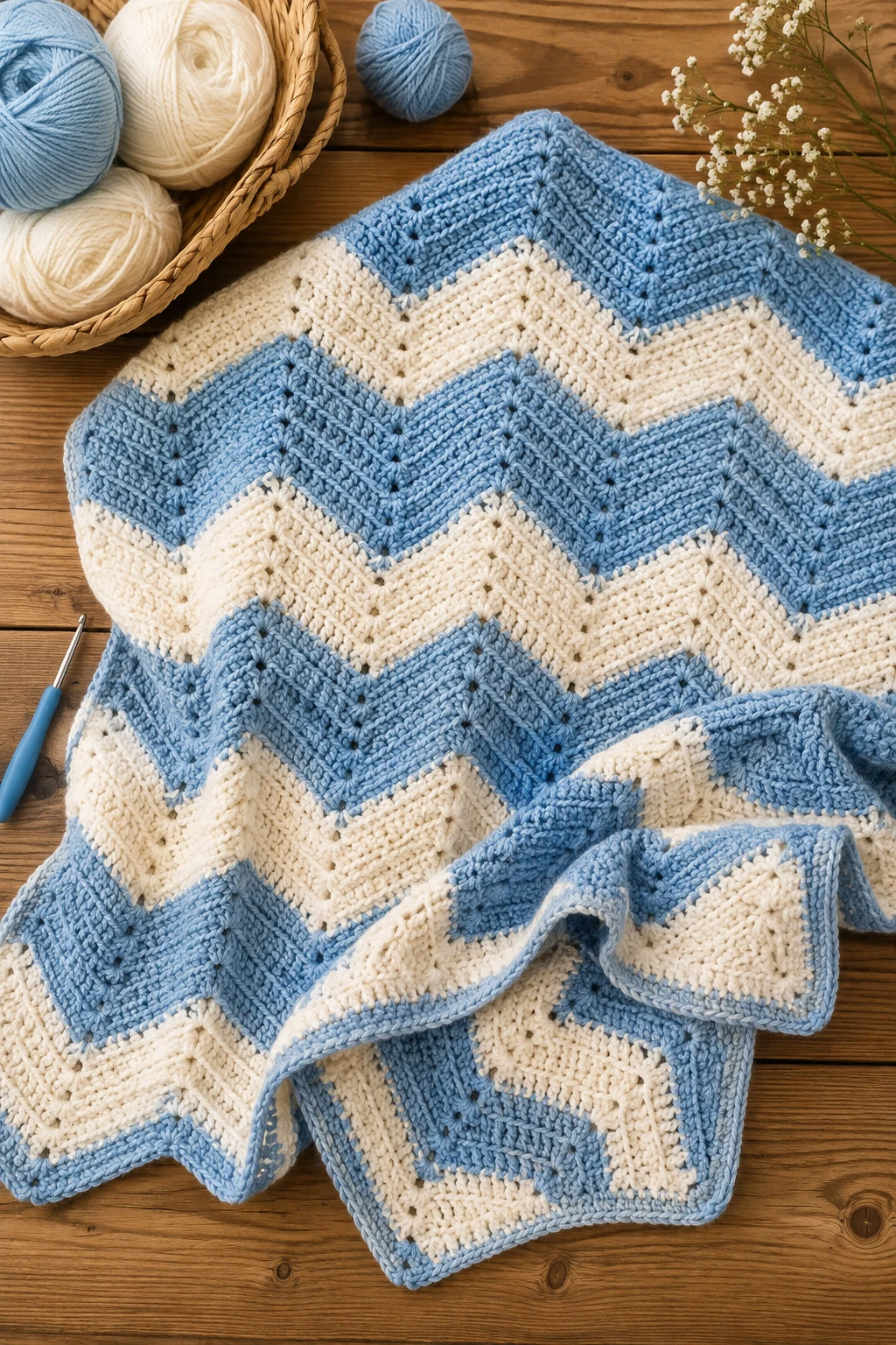 Blue-and-Cream Chevron Blanket — baby crochet ideas blankets style outfit