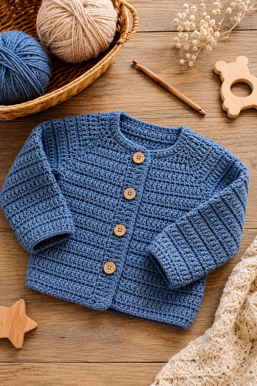 Denim-Blue Baby Cardigan — baby crochet ideas boys style outfit