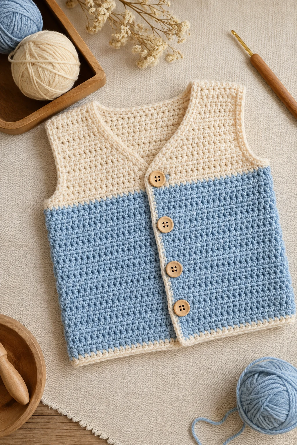 Blue-and-Cream Baby Vest — baby crochet ideas boys style outfit
