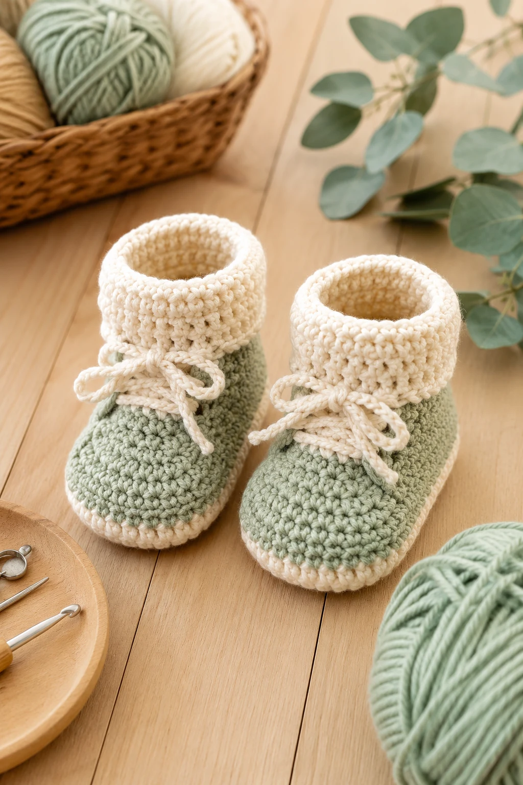 Sage and Cream Baby Booties — baby crochet ideas gender neutral style outfit
