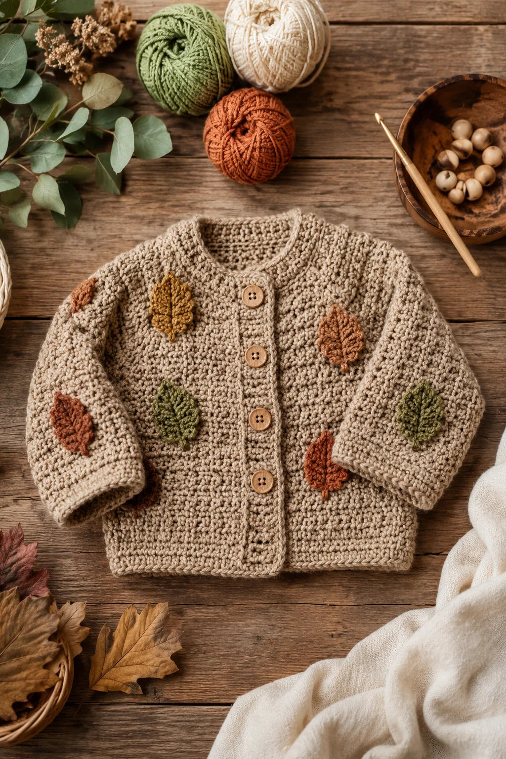 Woodland Leaf Baby Cardigan — baby crochet ideas gender neutral style outfit