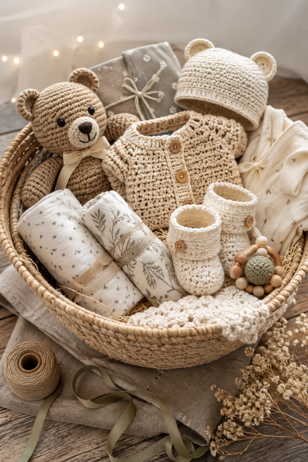 Cozy Neutral Baby Gift Basket — baby crochet ideas gender neutral style outfit
