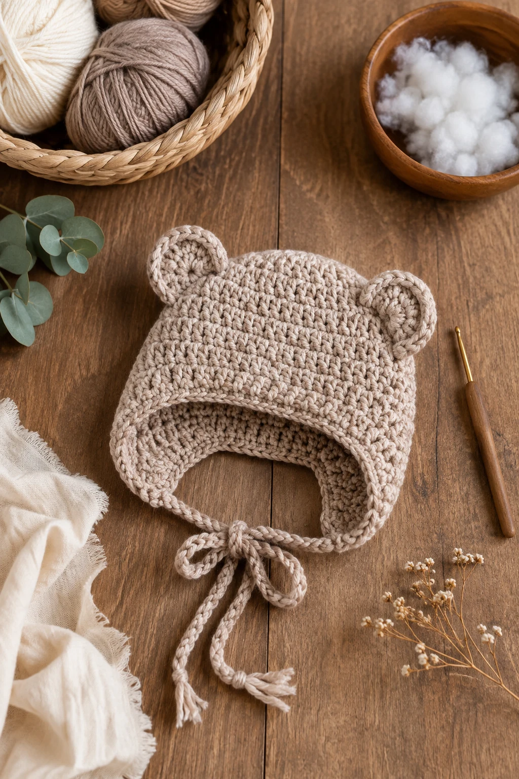 Bear-Ear Baby Bonnet — baby crochet ideas gender neutral style outfit
