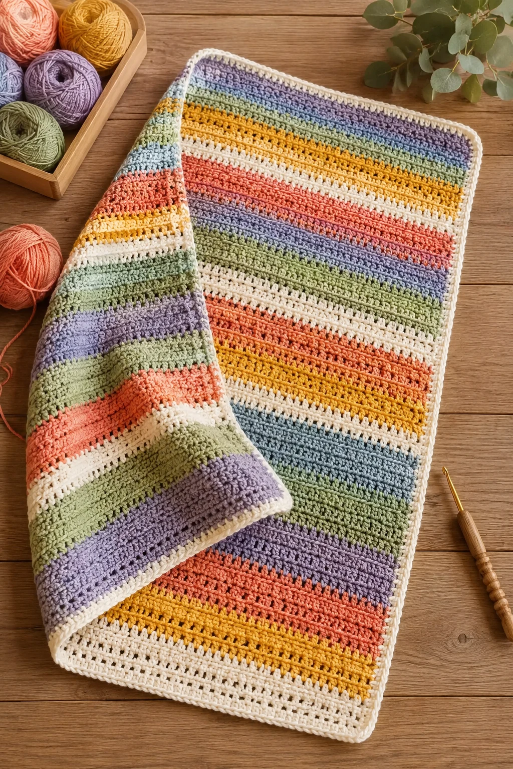 Rainbow Stripe Stroller Blanket — baby crochet ideas gender neutral style outfit