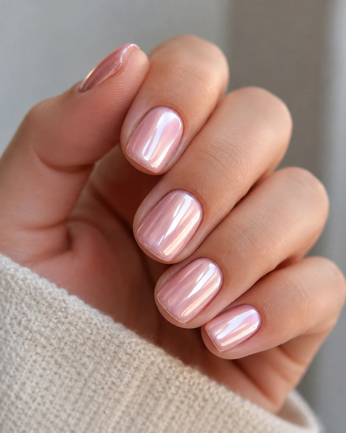 Baby Pink Chrome Nails on Short Nails — baby pink chrome nails style outfit