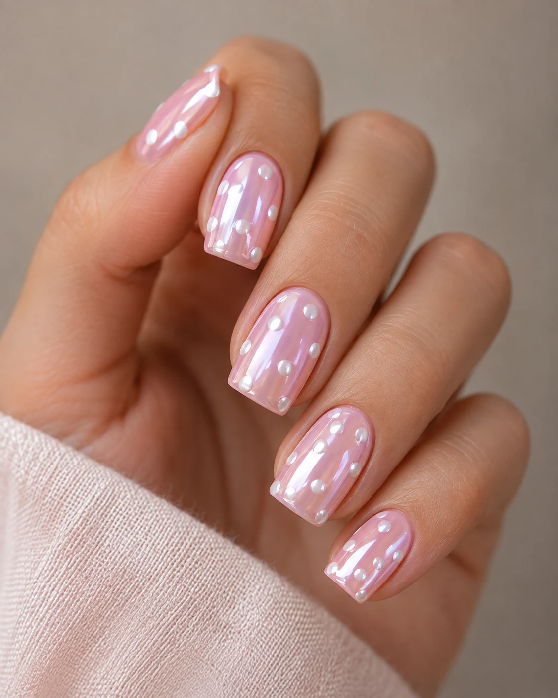 Baby Pink Chrome Nails With Polka Dots — baby pink chrome nails style outfit