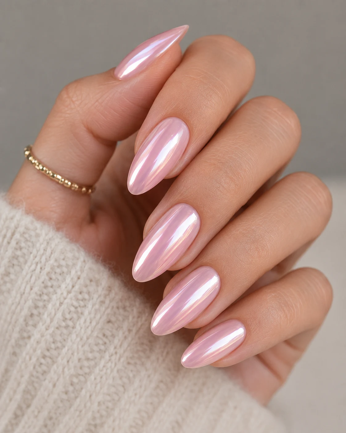 Almond Baby Pink Chrome Nails — baby pink chrome nails style outfit