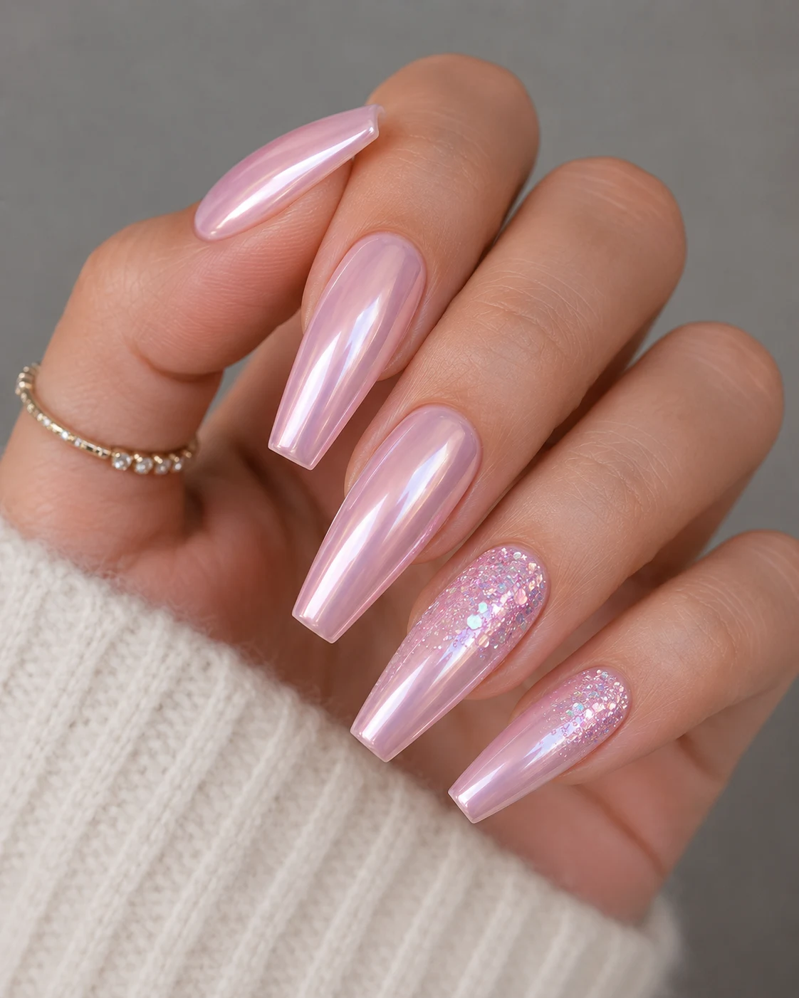Baby Pink Chrome Coffin Nails With Glitter — baby pink chrome nails style outfit
