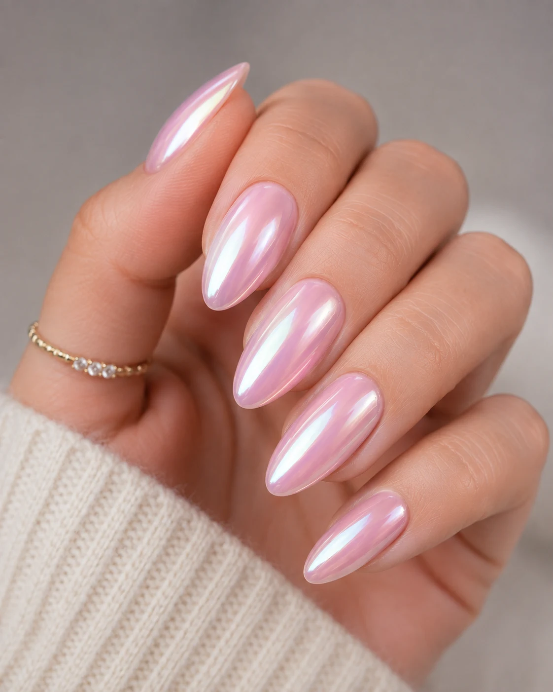 Baby Pink Chrome Nails With a Pearly Glaze — baby pink chrome nails style outfit