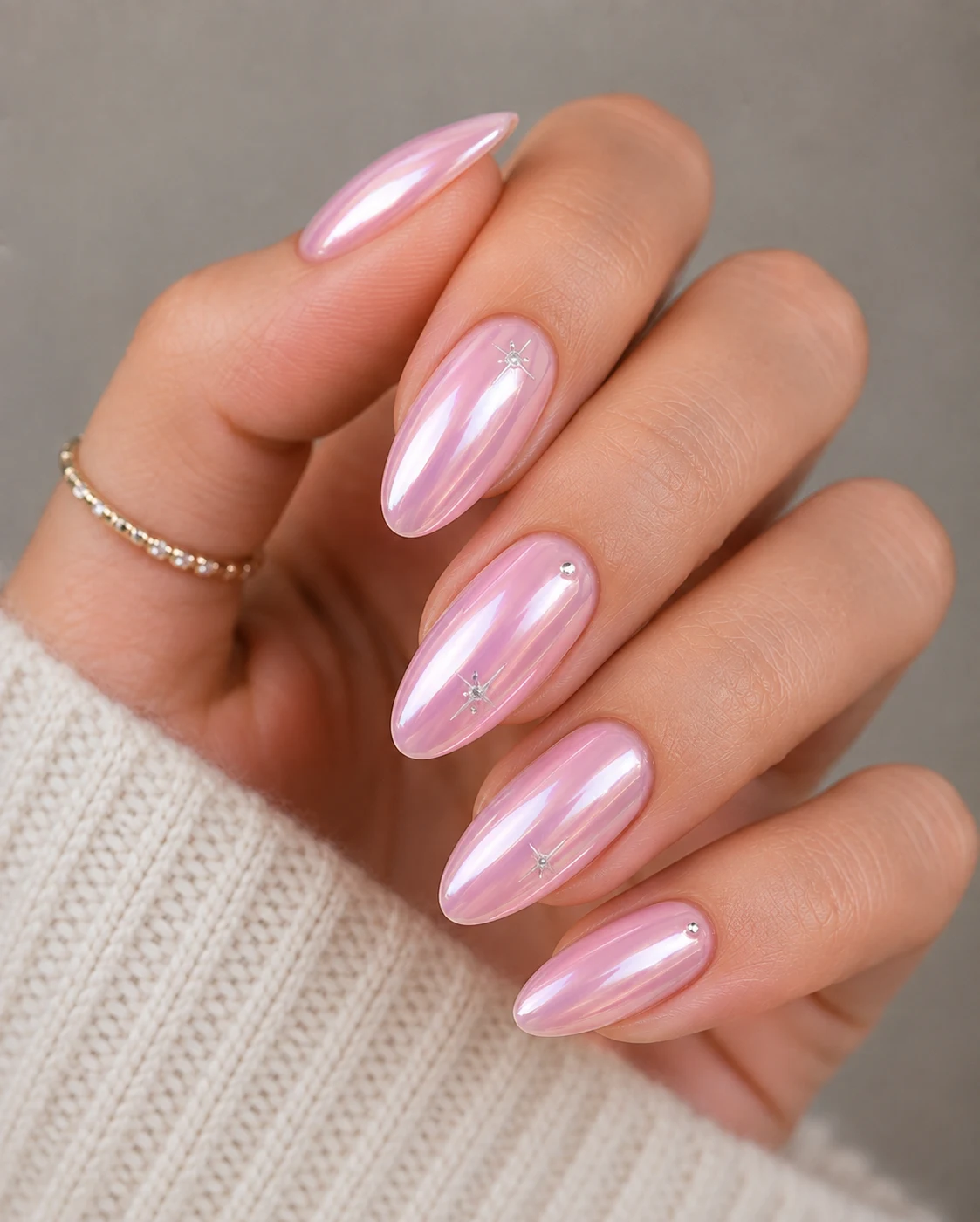 Baby Pink Chrome Nails With a Tiny Design — baby pink chrome nails style outfit