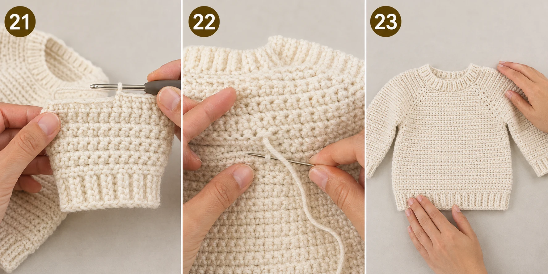 Steps 21–23 — baby sweater crochet pattern free