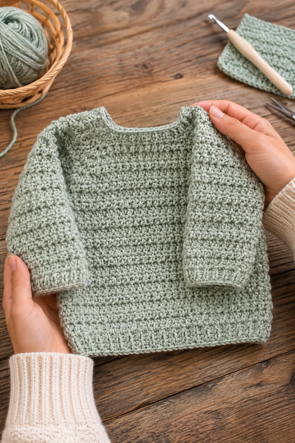 hands holding up the finished, completed baby sweater crochet pattern free up close, right after this final 