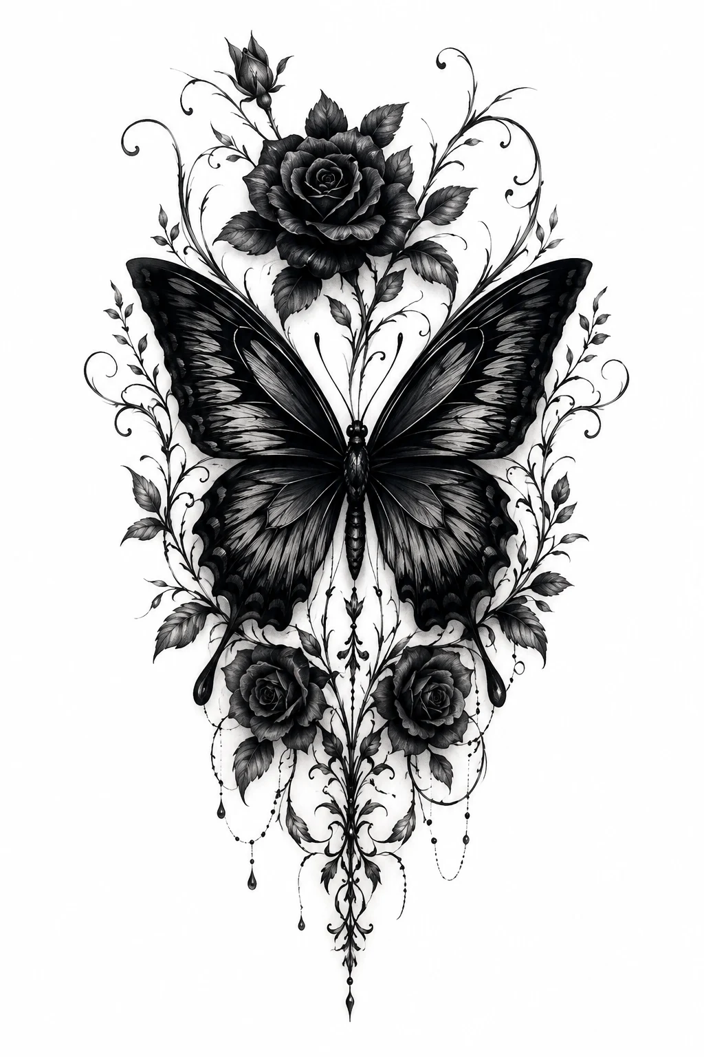 Gothic Black Butterfly Tattoo with Floral Accents — black butterfly tattoo style outfit