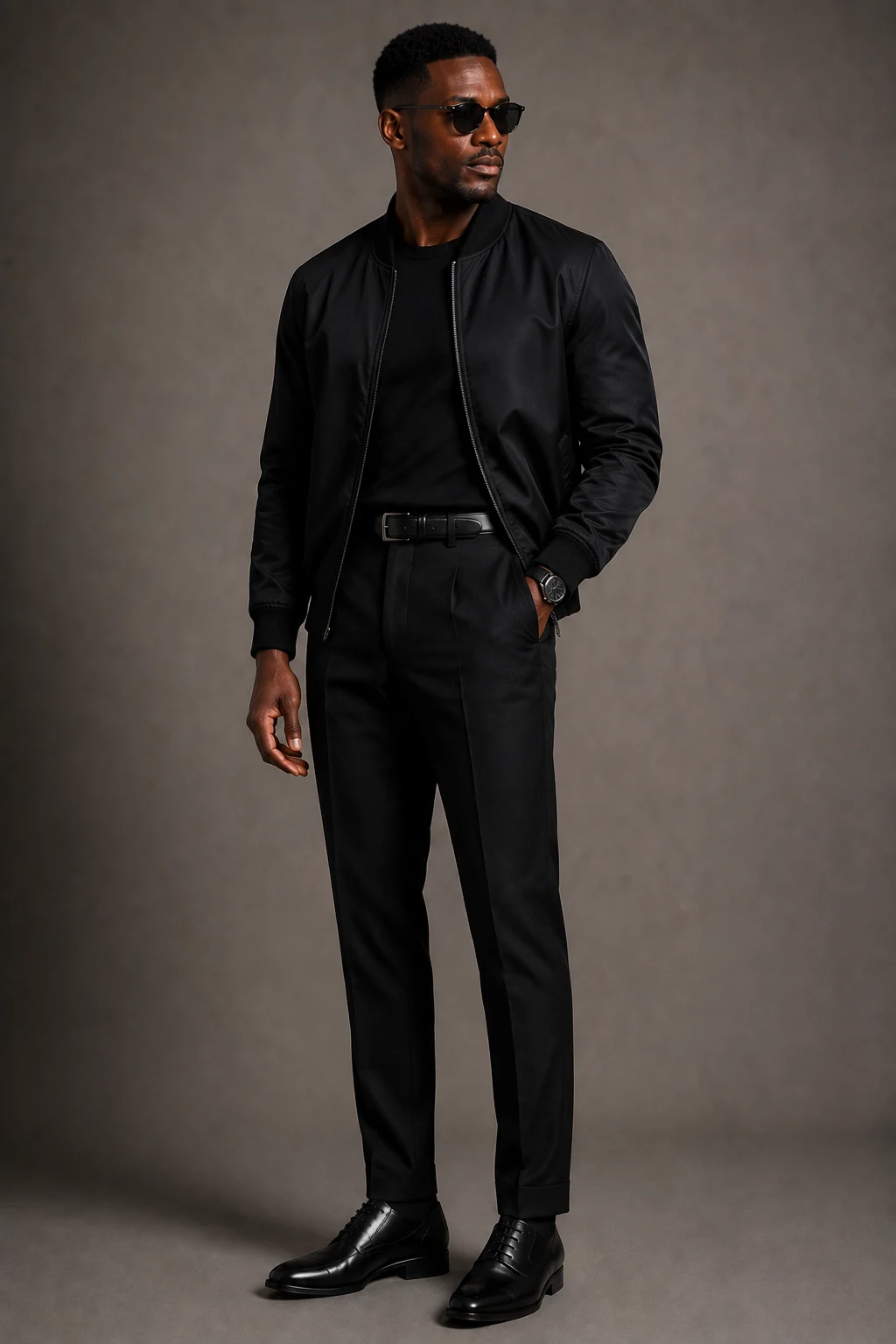 The Black Bomber and Tailored Trouser Mix — Black Men Classy Outfits style outfit, worn by a stylish man