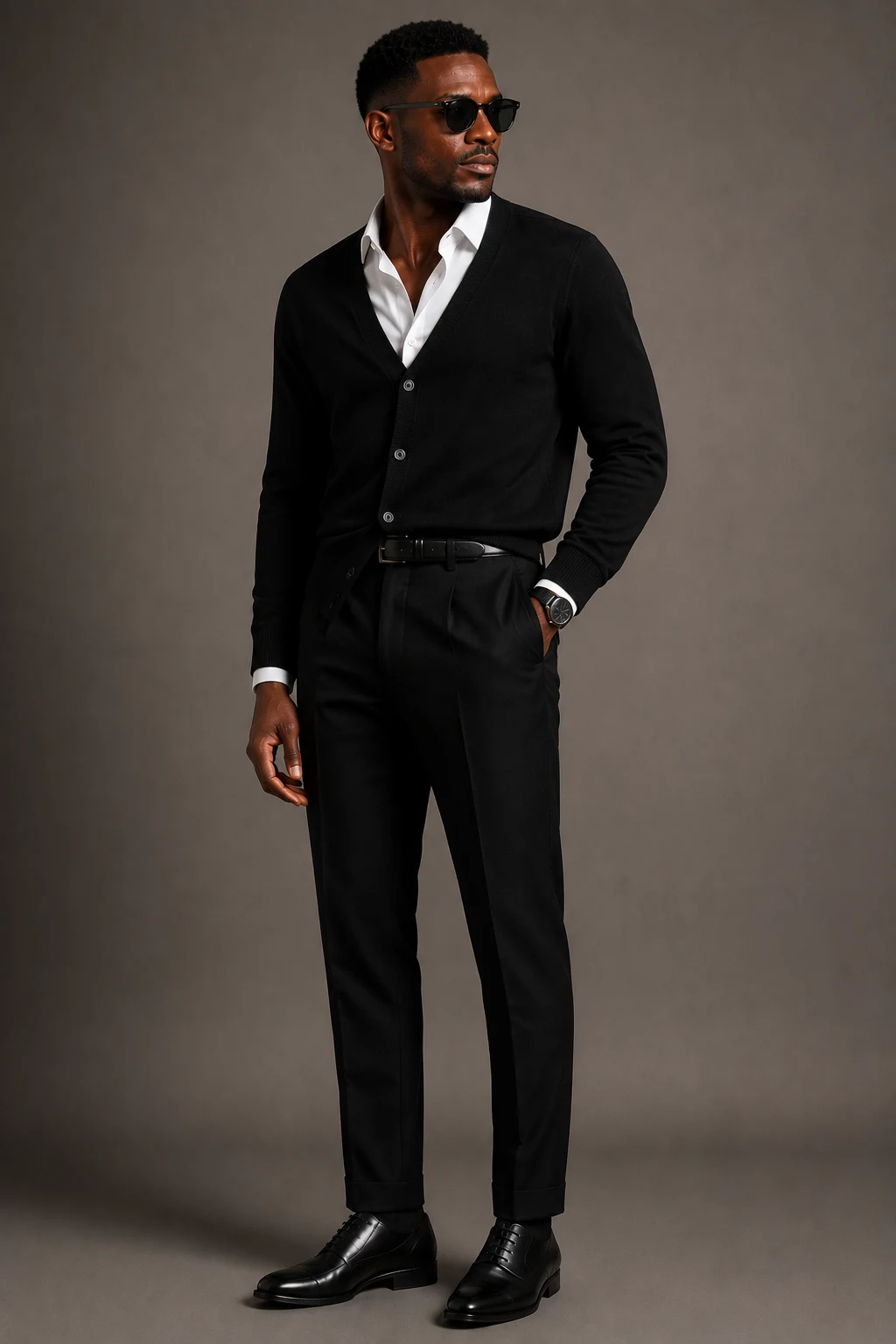 The Black Cardigan and White Shirt — Black Men Classy Outfits style outfit, worn by a stylish man