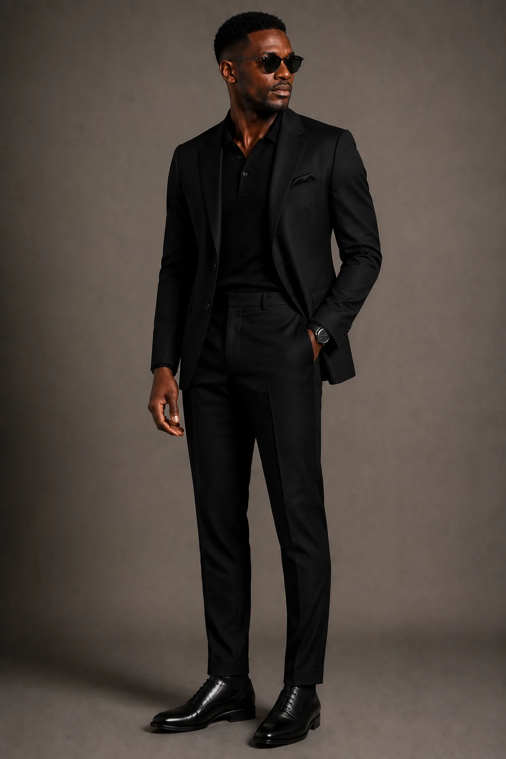 The Black Suit With a Knit Polo — Black Men Classy Outfits style outfit, worn by a stylish man